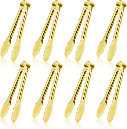 8PCS Gold Mini Metal Tongs, 5" Stainless Steel Serving Tiny Tong, Small Kitchen Accessories for Appetizer, Ice, Sugar Cube, Salad, Toaster, Desserts (Gold, 5 INCH)