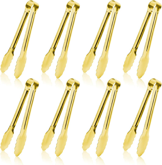8PCS Gold Mini Metal Tongs, 5" Stainless Steel Serving Tiny Tong, Small Kitchen Accessories for Appetizer, Ice, Sugar Cube, Salad, Toaster, Desserts (Gold, 5 INCH)