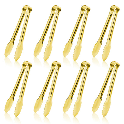 8PCS Gold Mini Metal Tongs, 5" Stainless Steel Serving Tiny Tong, Small Kitchen Accessories for Appetizer, Ice, Sugar Cube, Salad, Toaster, Desserts (Gold, 5 INCH)