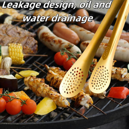 4pcs Gold Buffet Tongs with Drip Holes, 9in Kitchen Food Serving Utensils