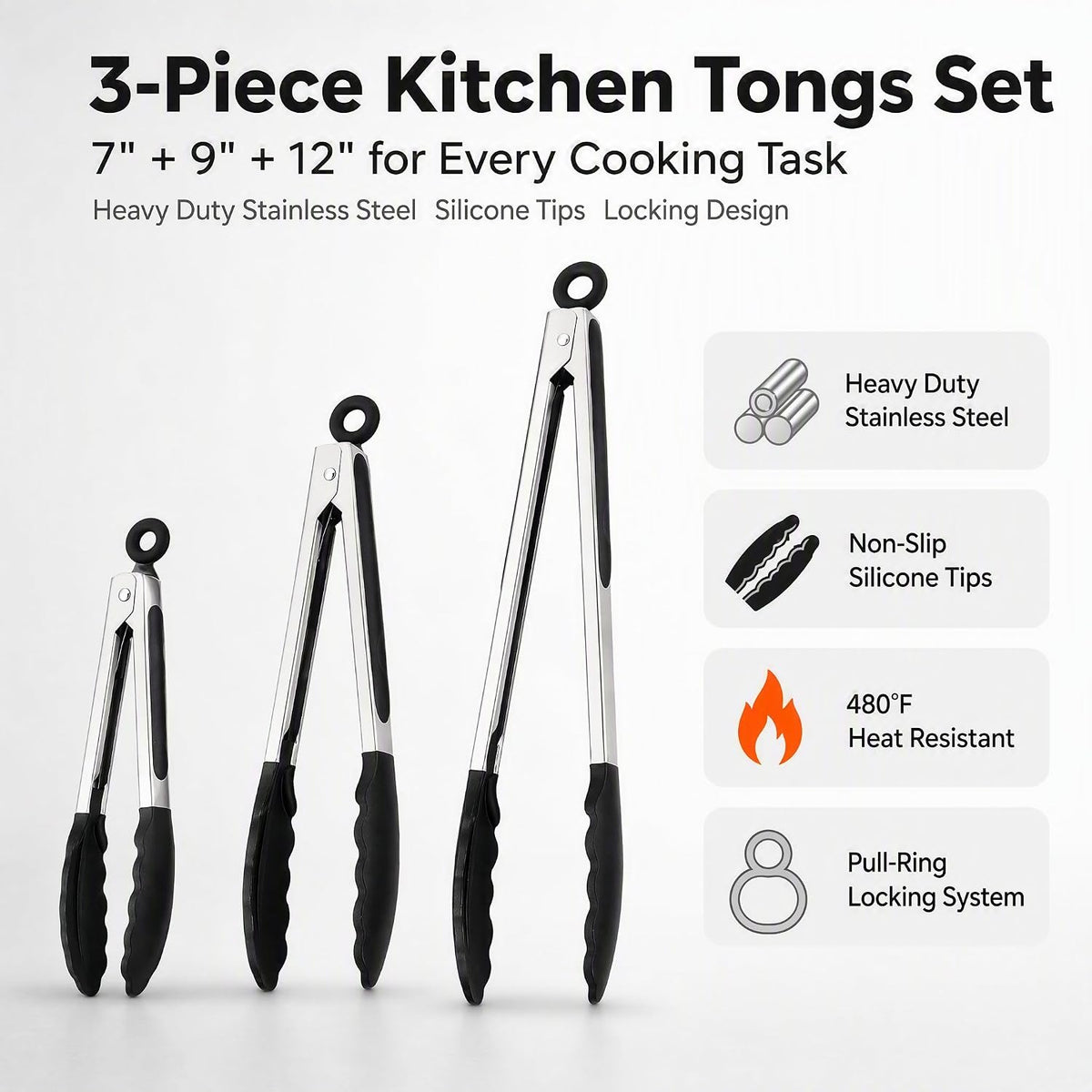 Kitchen Tongs with Silicone Tips, Stainless Steel Cooking Tongs Set of 3