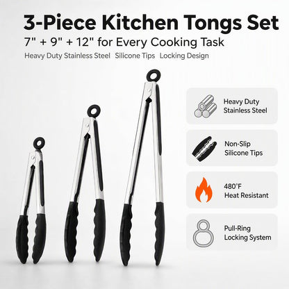 Kitchen Tongs with Silicone Tips, Stainless Steel Cooking Tongs Set of 3