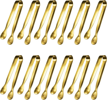 JCREN 12 Pcs Serving Tongs, Small Serving Utensils for Parties Catering Gold Tongs, Small Stainless Steel Mini Appetizer Tongs for Tea Party Coffee Bar, 4 Inches - Gold