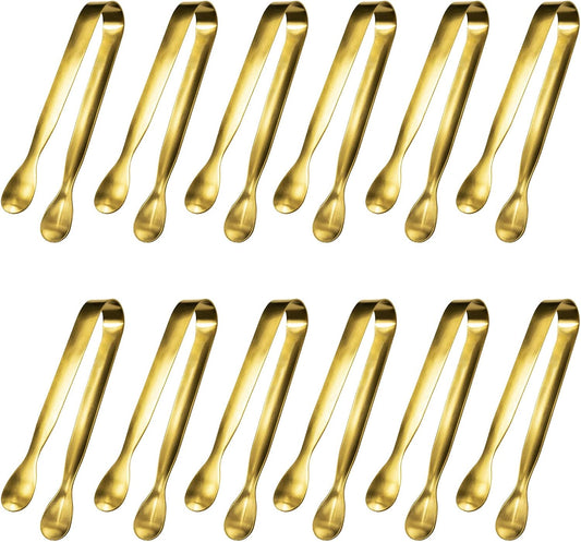JCREN 12 Pcs Serving Tongs, Small Serving Utensils for Parties Catering Gold Tongs, Small Stainless Steel Mini Appetizer Tongs for Tea Party Coffee Bar, 4 Inches - Gold