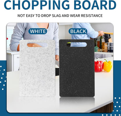 2 Pcs mini plastic cutting boards for the kitchen, in granite color, are suitable for food preparation, fruit and vegetable cutting.They feature an easy-to-hold design （6" x 10"，White+Black)