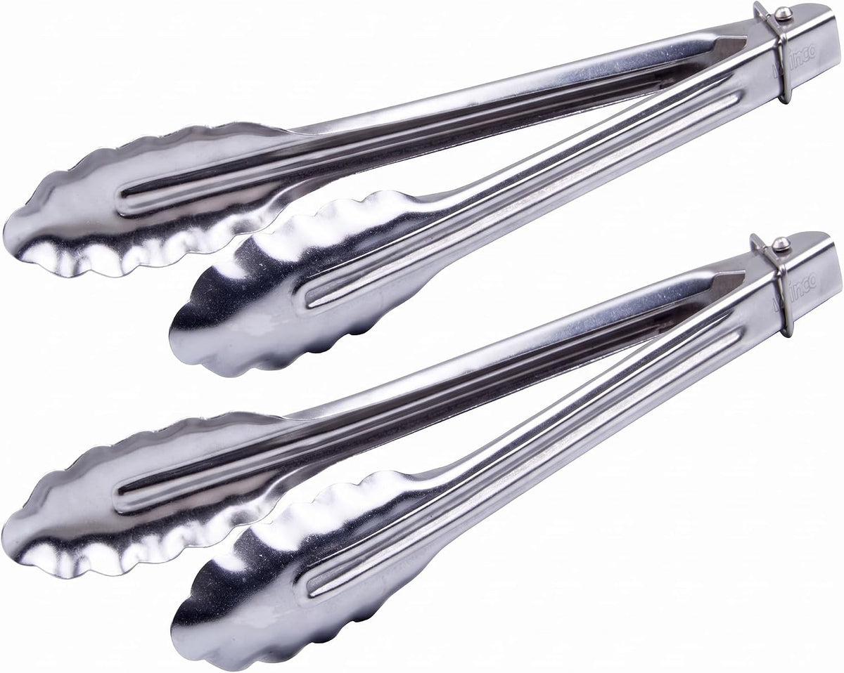 Winco 9" Silver Heavy-Duty Utility Stainless Steel Tongs