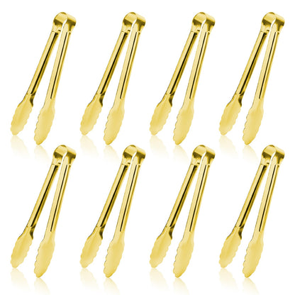 8PCS Gold Mini Metal Tongs, 5" Stainless Steel Serving Tiny Tong, Small Kitchen Accessories for Appetizer, Ice, Sugar Cube, Salad, Toaster, Desserts (Gold, 5 INCH)