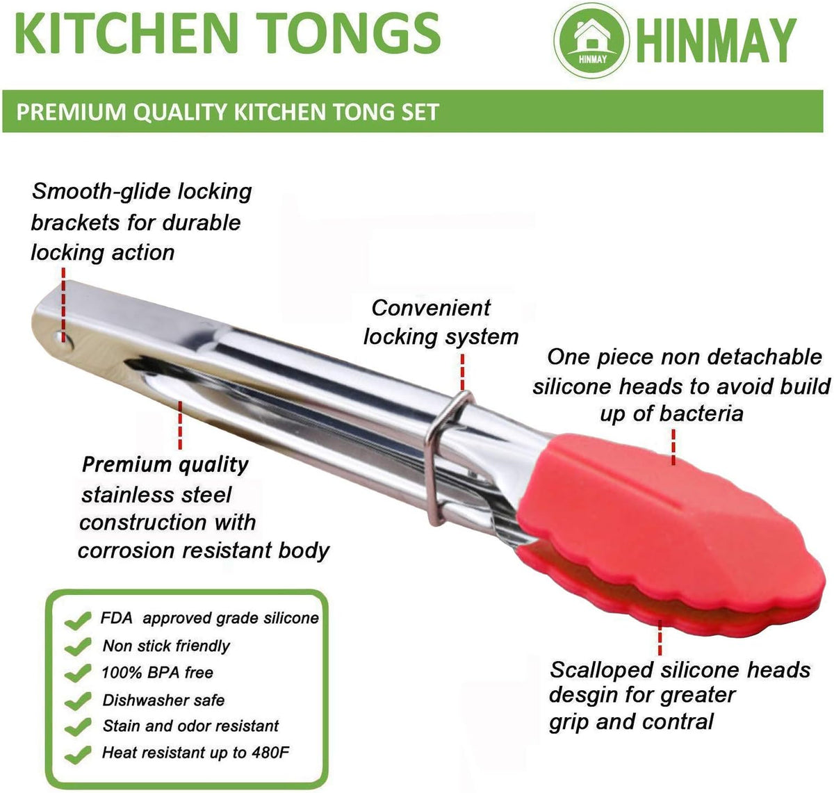 HINMAY Small Tongs with Silicone Tips 7-Inch Mini Serving Tongs, Set of 6