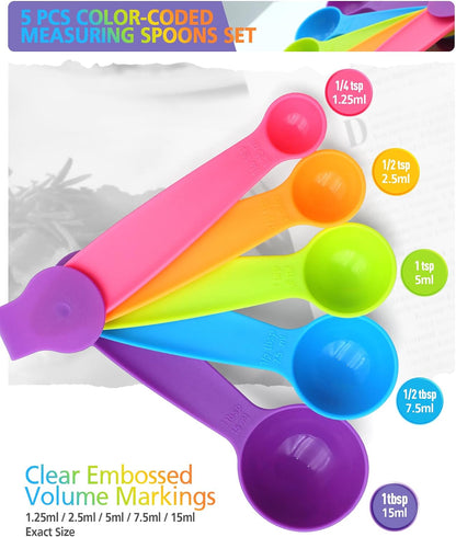Measuring Spoons Set of 5, Fade-Proof Markings, Color Coded Plastic