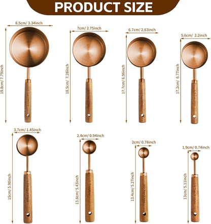 Copper Stainless Steel Measuring Cups and Spoons Set,8 Piece Measuring Cup Set with Wooden Handle and Metric and US Measurements，Copper Polished Finish，for Cooking and Baking in The Kitchen
