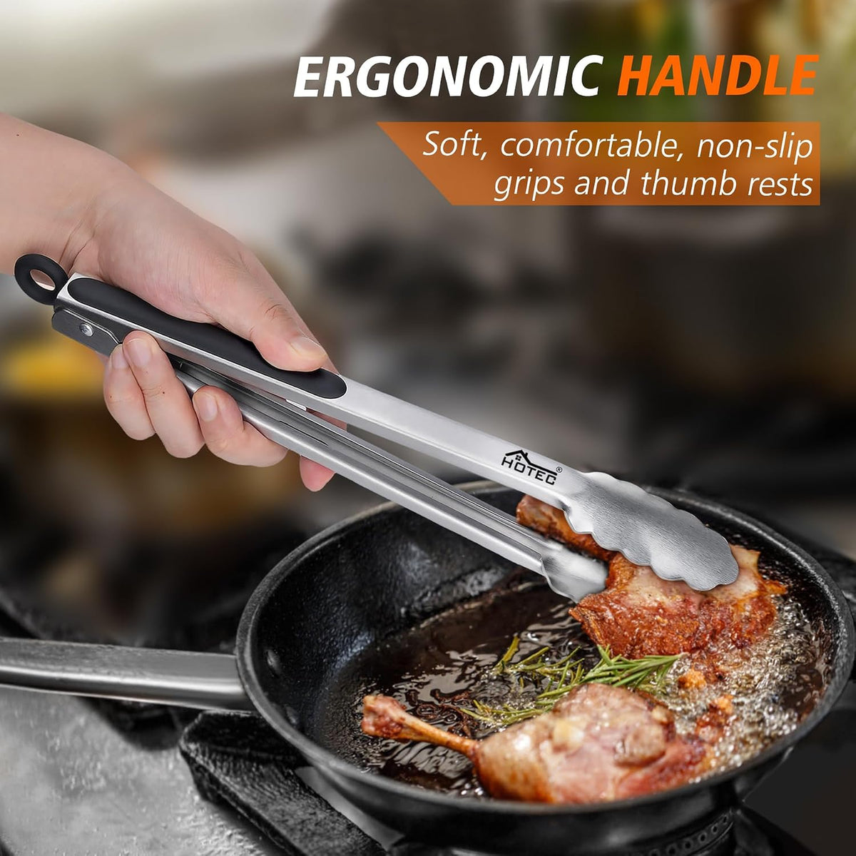 Hotec Tongs for Cooking Stainless Steel Kitchen Tongs Set of 2-9" and 12"