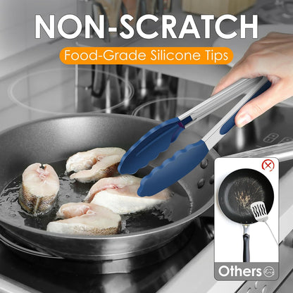 HOTEC Stainless Steel Kitchen Tongs with Silicone Tips, Set of 3-7",9" &12"