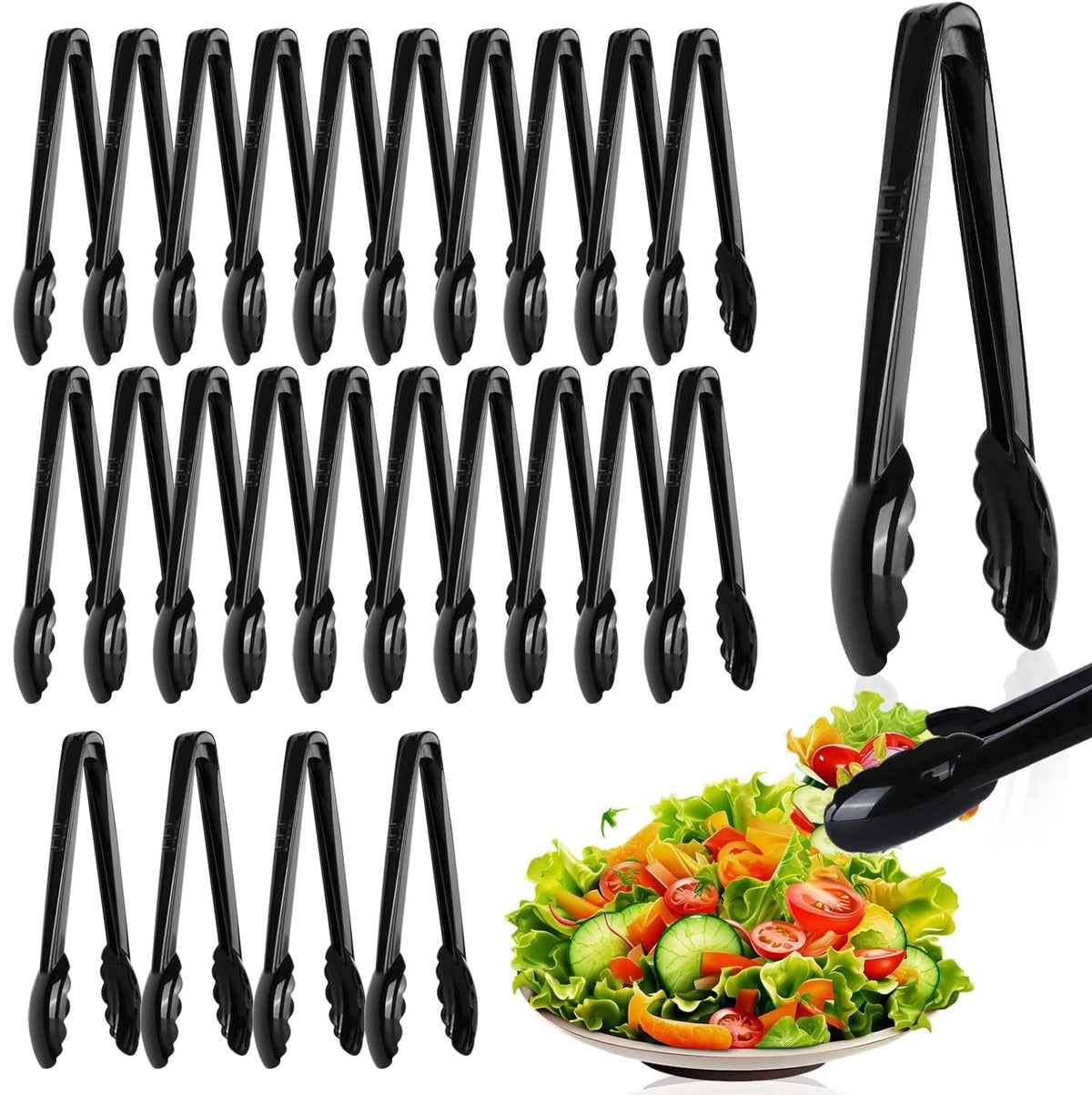 Mwellewm 24 Pc Plastic Tongs for Serving 9 Inch Bulk Reusable or Disposable Tongs Heavy Duty Hard Serving Utensils Set Large Salad Tong for Kitchen Party Food Buffet Appetizer BBQ Event Catering Black