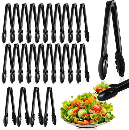 Mwellewm 24 Pc Plastic Tongs for Serving 9 Inch Bulk Reusable or Disposable Tongs Heavy Duty Hard Serving Utensils Set Large Salad Tong for Kitchen Party Food Buffet Appetizer BBQ Event Catering Black