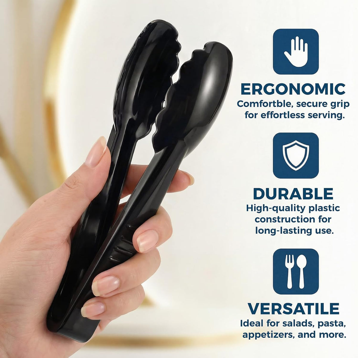 24 Pack Plastic Serving Tongs, 9 Inch Black Heavy Duty Buffet Tongs