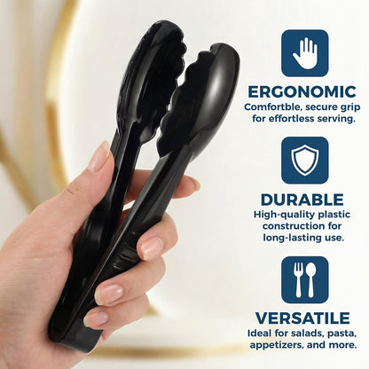 24 Pack Plastic Serving Tongs, 9 Inch Black Heavy Duty Buffet Tongs