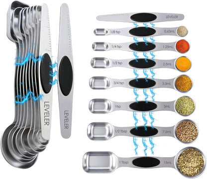 Measuring Spoons,Magnetic Measuring Spoons Set,304 Stainless Steel 7 Double Side Measuring Spoons Set and 1 Leveler with Strong N45 Magnetss,Heavy Duty Metal Kitchen Gadgets for Baking & Cooking