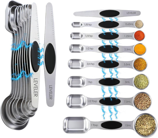 Measuring Spoons,Magnetic Measuring Spoons Set,304 Stainless Steel 7 Double Side Measuring Spoons Set and 1 Leveler with Strong N45 Magnetss,Heavy Duty Metal Kitchen Gadgets for Baking & Cooking