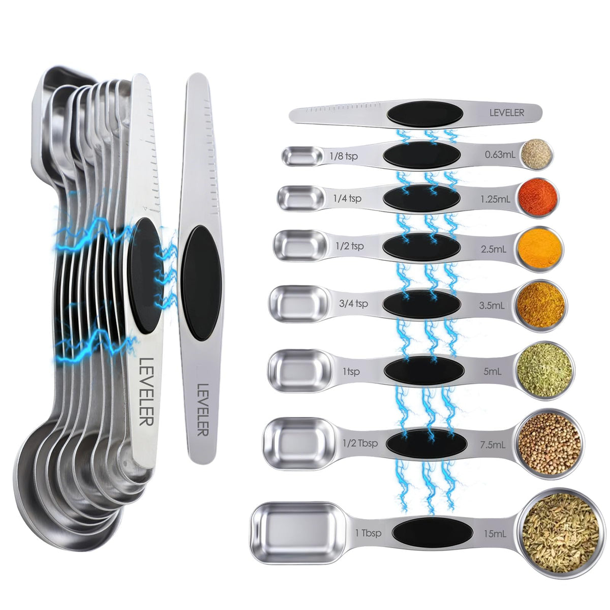 Measuring Spoons,Magnetic Measuring Spoons Set,304 Stainless Steel 7 Single Side Measuring Spoons Set and 1 Leveler with Strong N45 Magnetss,Heavy Duty Metal Kitchen Gadgets for Baking & Cooking