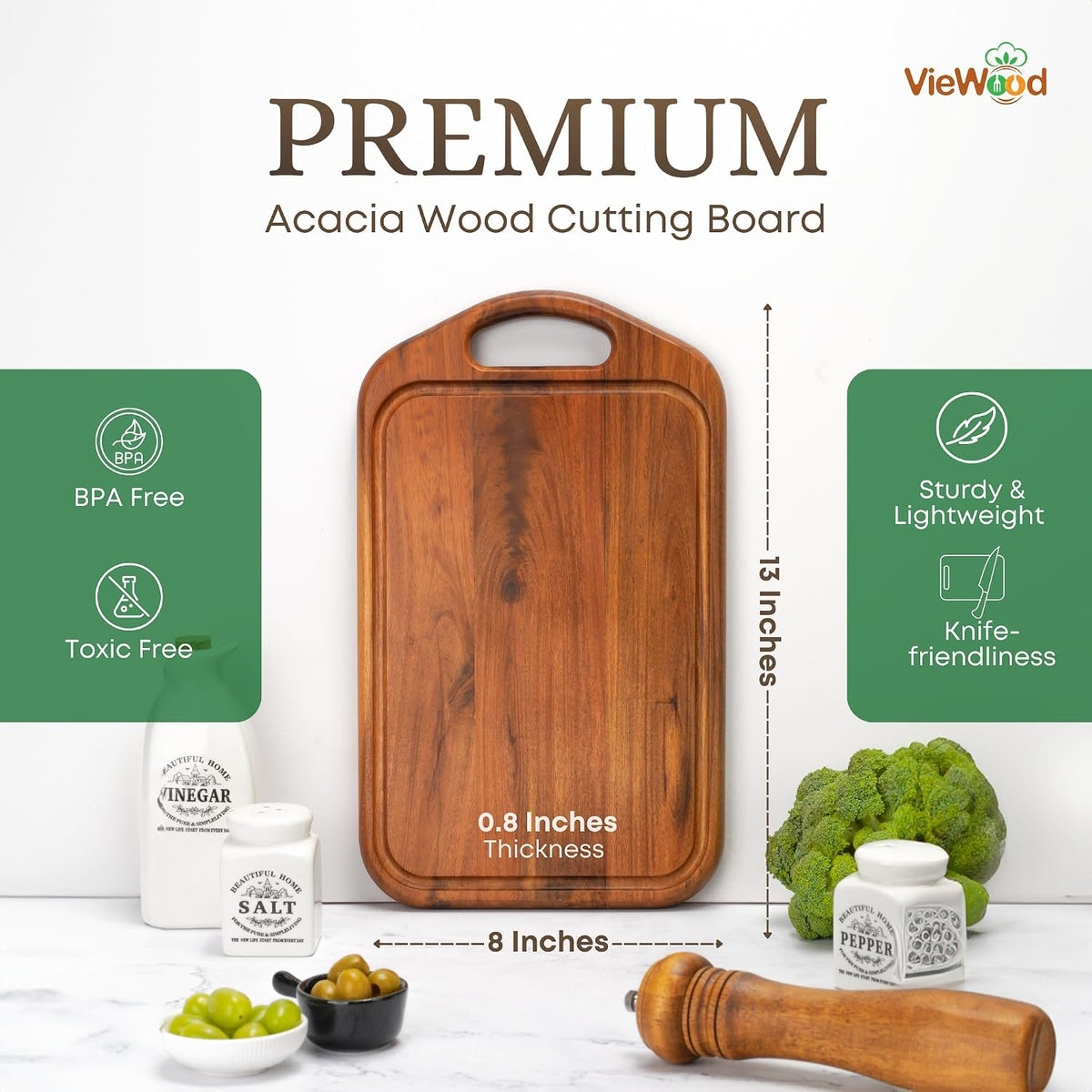VieWood Acacia Wood Cutting Board with Handle, 13x8 Inch Wooden Board for Kitchen, Serving, Charcuterie and Cheese, Juice Groove, Knife Friendly