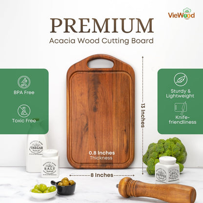VieWood Acacia Wood Cutting Board with Handle, 13x8 Inch Wooden Board for Kitchen, Serving, Charcuterie and Cheese, Juice Groove, Knife Friendly