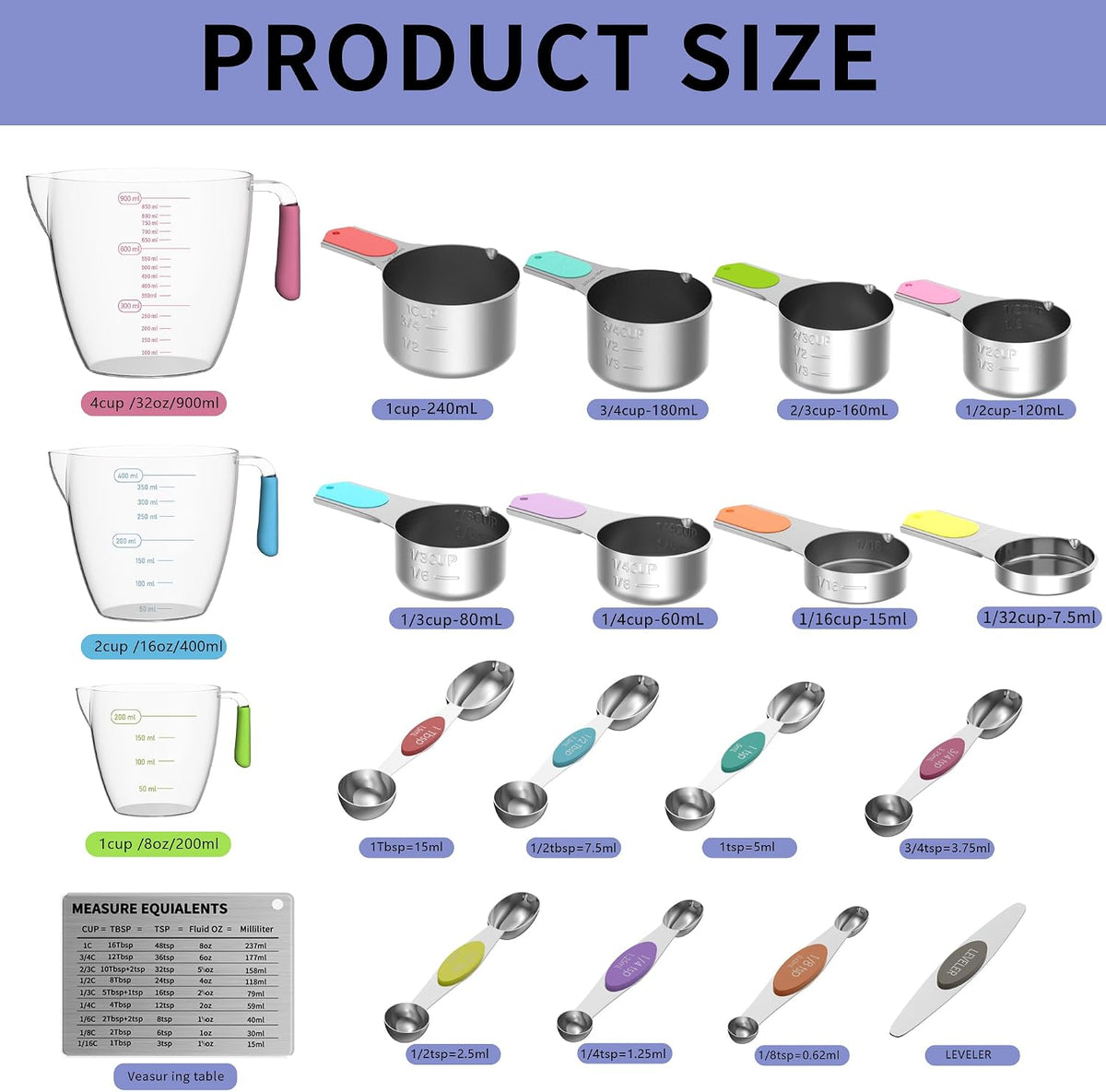 Magnetic Stainless Steel Measuring Cups and Spoons Set for Cooking & Baking, 3 Plastic Measuring Cups, 5 Magnetic Measuring Cups, 7 Magnetic Measuring Spoons, 1 Leveler, 1 Measuring Chart