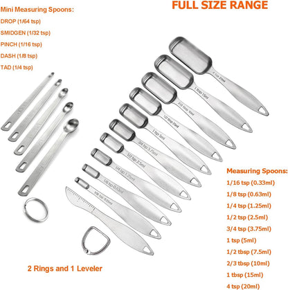 18/8 Stainless Steel Measuring Spoons Set of 16 Pieces, Includes 10 Narrow, 1 Leveler and 5 Mini Spoons