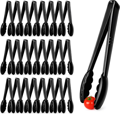 24 Pack Plastic Serving Tongs, 9 Inch Black Heavy Duty Buffet Tongs