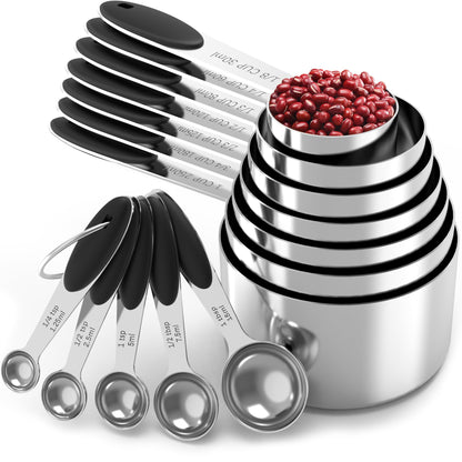 TILUCK Stainless Steel Measuring Cups and Spoons Set with Silicone Handle – Nesting Design for Space-Saving, Heavy Duty & Dishwasher Safe for Dry/Liquid Ingredients, Cooking & Baking (10)