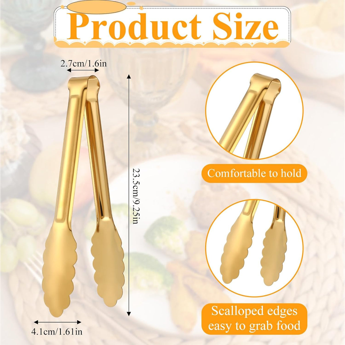Dimeho 12 Pack Stainless Steel Buffet Tong Gold Serving Tongs 9 Inch Buffet Utensils Heavy Duty Durable Clamps Metal Kitchen Clip for Salad Steak Wedding Party Banquet Gathering