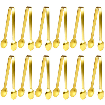 JCREN 12 Pcs Serving Tongs, Small Serving Utensils for Parties Catering Gold Tongs, Small Stainless Steel Mini Appetizer Tongs for Tea Party Coffee Bar, 4 Inches - Gold