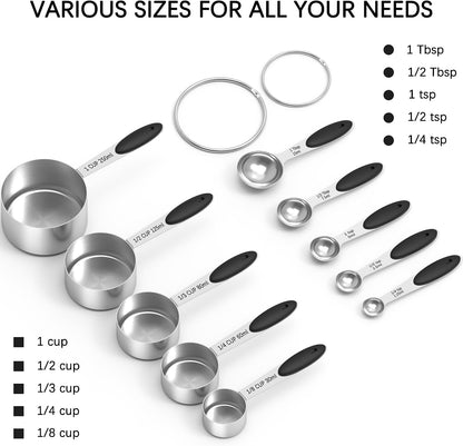 TILUCK Stainless Steel Measuring Cups and Spoons Set with Silicone Handle – Nesting Design for Space-Saving, Heavy Duty & Dishwasher Safe for Dry/Liquid Ingredients, Cooking & Baking (10)