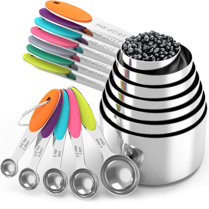 TILUCK Nesting Measuring Cups and Spoons Set, Stainless Steel with Soft Silicone Handle – Heavy Duty & Dishwasher Safe for Measuring Dry/Liquid Ingredients, Ideal for Cooking & Baking (10)
