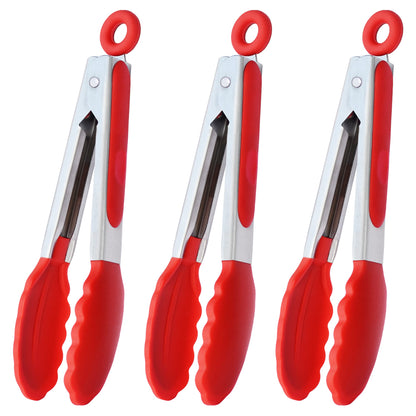 HINMAY Small Silicone Tongs 7-Inch Mini Serving Tongs, Set of 3 (Black Gray White)