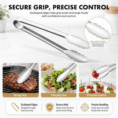 OYV Seamless Tongs for Cooking, One-Piece Design, Durable Heat Resistant Stainless Steel Tongs for Kitchen, Grill, BBQ, Salad, Dishwasher Safe, Metal Tongs Set (12" & 9")