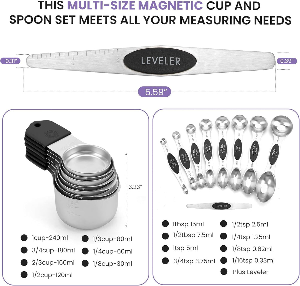 Magnetic Measuring Cups and Spoons Set-Heavy Duty 304 Stainless Steel
