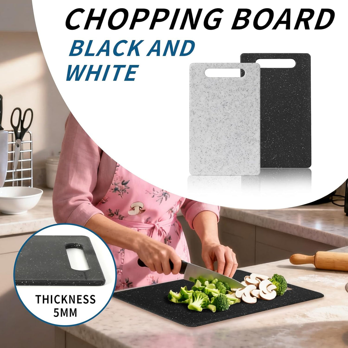 2 Pcs mini plastic cutting boards for the kitchen, in granite color, are suitable for food preparation, fruit and vegetable cutting.They feature an easy-to-hold design （6" x 10"，White+Black)