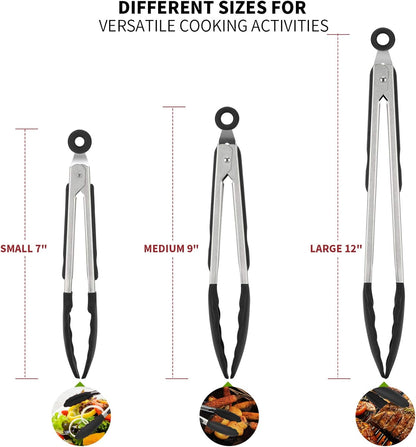 U-Taste Kitchen Tongs for Cooking, 600ºF Heat-Resistant Silicone, 3Pc/Black