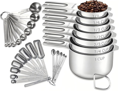 30PCS Measuring Cups and Spoons Set, 7 Nesting Measuring Cups, 18 Measuring Spoons and 5 Mini Spoons, Stainless Steel Kitchen Measuring Set for Dry and Liquid Ingredients, Perfect for Cooking & Baking