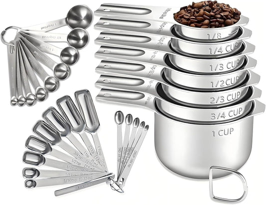 30PCS Measuring Cups and Spoons Set, 7 Nesting Measuring Cups, 18 Measuring Spoons and 5 Mini Spoons, Stainless Steel Kitchen Measuring Set for Dry and Liquid Ingredients, Perfect for Cooking & Baking