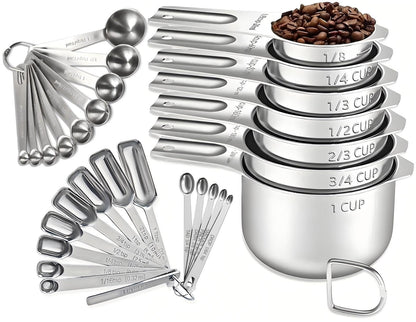 30PCS Measuring Cups and Spoons Set, 7 Nesting Measuring Cups, 18 Measuring Spoons and 5 Mini Spoons, Stainless Steel Kitchen Measuring Set for Dry and Liquid Ingredients, Perfect for Cooking & Baking