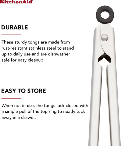 KitchenAid Gourmet Stainless Steel Serving Tongs with Hang Hook and Secure Closing Lock, 9 Inch, Stainless Steel