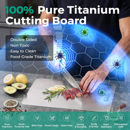 Katori Titanium Cutting Board - Upgraded 100% Pure Titanium Cutting Boards for Kitchen Non Toxic, Double Sided Food Grade Hygiene Non Moldy Dishwasher Safe Meat Fruit Metal Board (3PC S+L+XL)