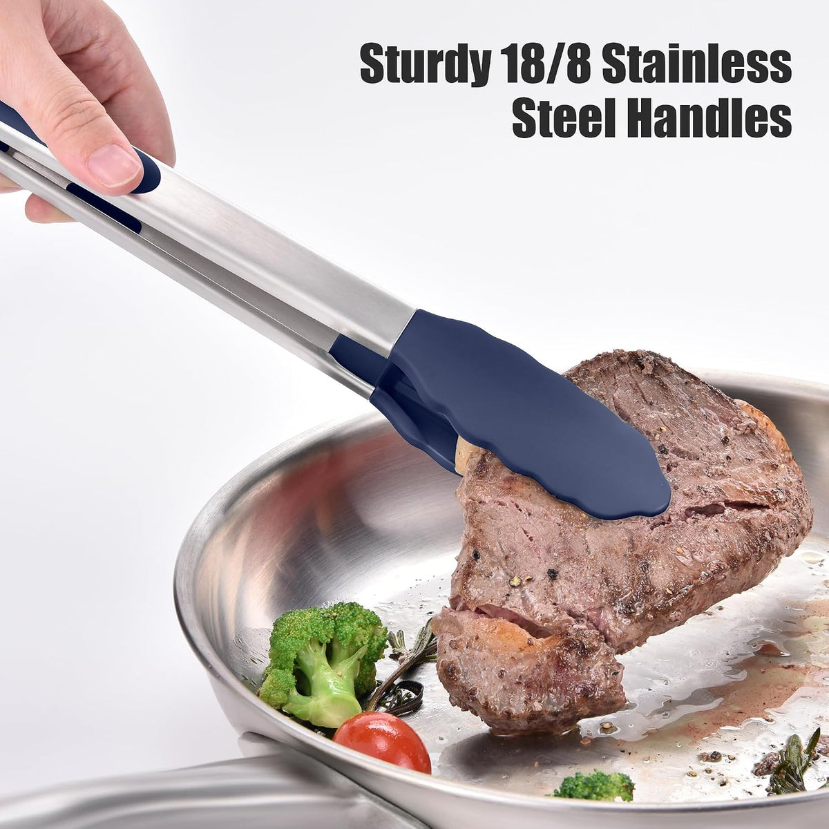 Doosu Kitchen Tongs with Silicone Tips for Cooking Serving (3Pcs, Navy)