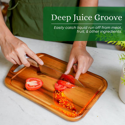 VieWood Acacia Wood Cutting Board with Handle, 13x8 Inch Wooden Board for Kitchen, Serving, Charcuterie and Cheese, Juice Groove, Knife Friendly
