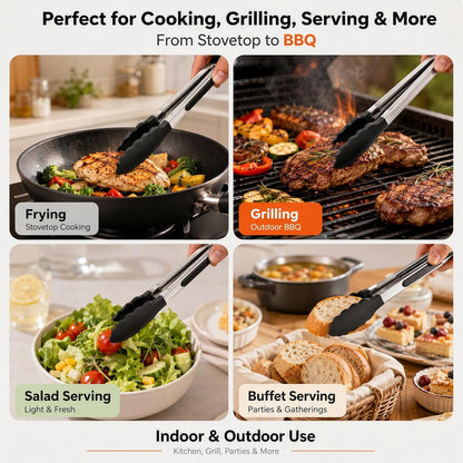 Kitchen Tongs with Silicone Tips, Stainless Steel Cooking Tongs Set of 3