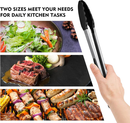 HOTEC Stainless Steel Kitchen Tongs with Silicone Tips, Set of 2-9" and 12"