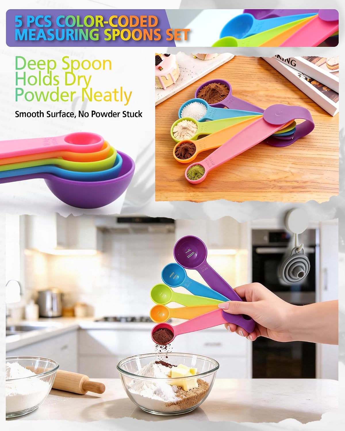 Measuring Spoons Set of 5, Fade-Proof Markings, Color Coded Plastic