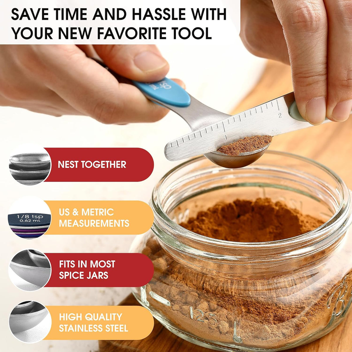 Spring Chef Stainless Steel 8 Magnetic Measuring Spoons Set, Winter Frost