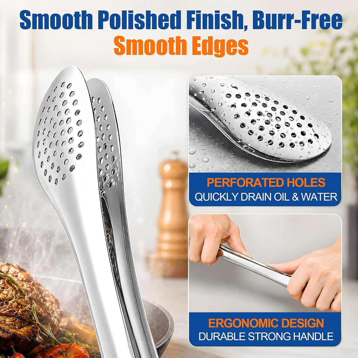 TOPULORS 3-Pack 7/9/11in 304 Stainless Steel Kitchen Food Serving Tongs